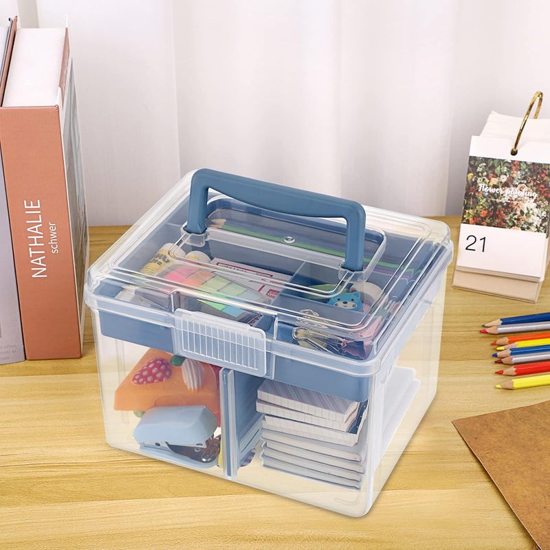BTSKY 2 Layer Clear Plastic Dividing Storage Box with Removable Tray Multipurpose Stationery Storage Box with Handle Portable Sewing Box Art Craft Supply Organizer Home Utility Box (Small Blue) - Image 2